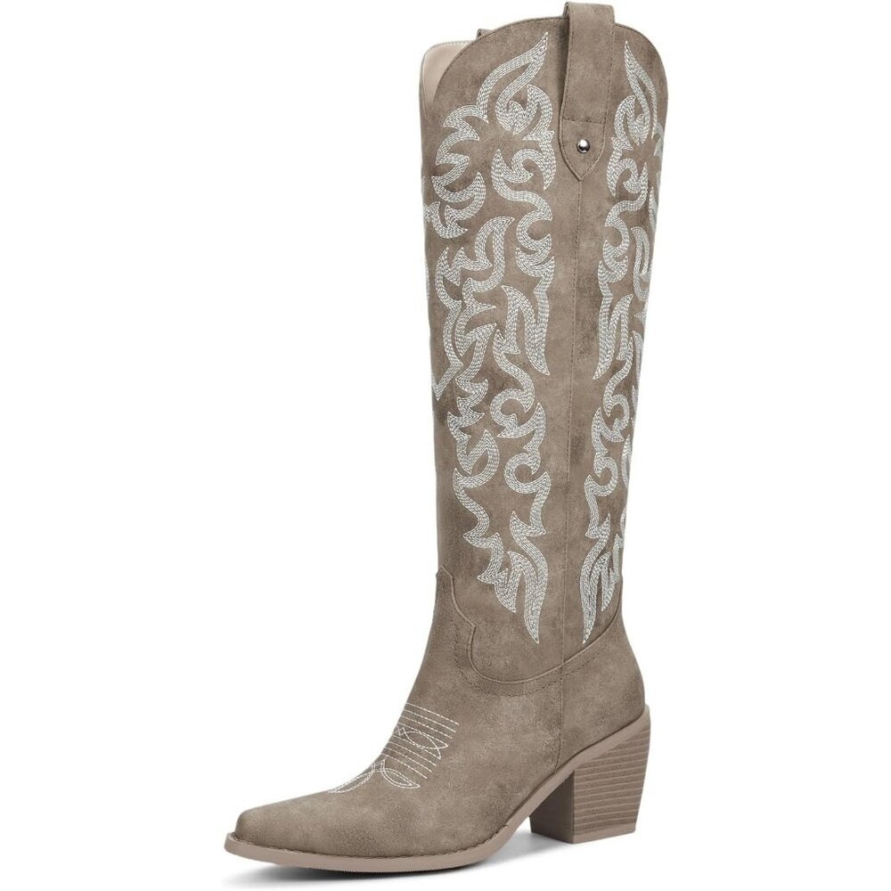 Women's Khaki Knee High Boots Western Cowgirl Boots With Embroidered Pointed
